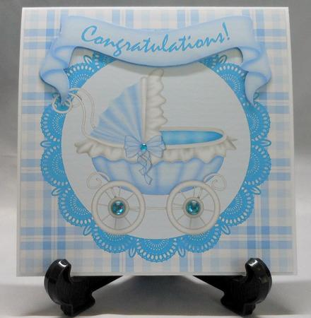 Congratulations Pram 8x8 Decoupage Card - Baby Boy - Blue by Michelle Chivers