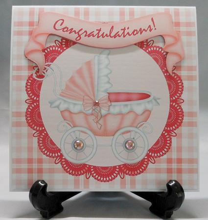 Congratulations Pram 8x8 Decoupage Card - Baby Girl - Pink by Michelle Chivers