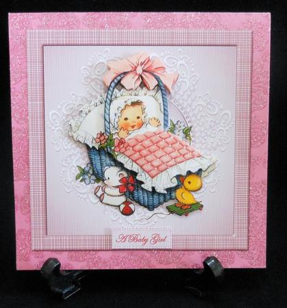 Baby Girl in a Wicker Basket Card with Decoupage by Michelle Chivers