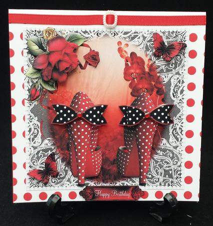 Red Polka Dot Shoes with Black Paper Bow Card Front by Michelle Chivers
