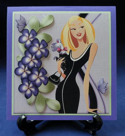 Elegant in Black with Her Pooch and Purple Flowers 8x8 by Michelle Chivers