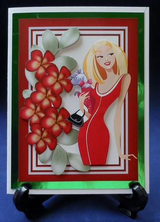Classy Lady in Red with Her Pooch with Pretty Flowers by Michelle Chivers