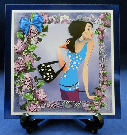 Trendy Girl with Lilac Roses, and Big Blue Bow 8x8 by Michelle Chivers