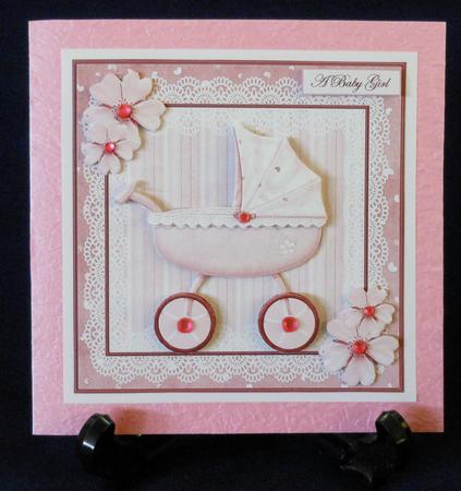 Baby Girl Pram Card with Decoupage by Michelle Chivers
