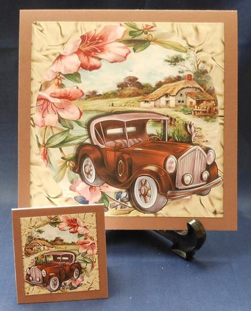 Brown Vintage Car with Flowers and a Cottage 8x8 by Michelle Chivers