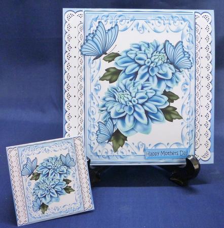 Pretty Blue Chrysanthemums, & Butterflies on Lace 8x8 by Michelle Chivers