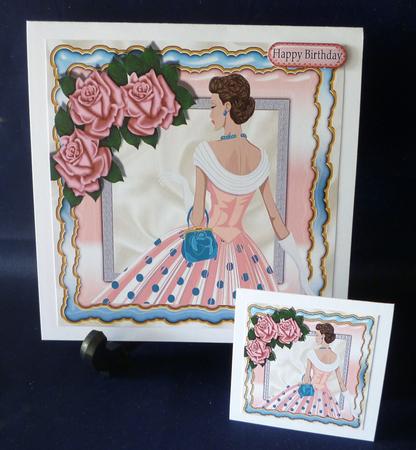 Lovely Lady in Polkadot Blue Dress with Pink Roses 8x8 by Michelle Chivers