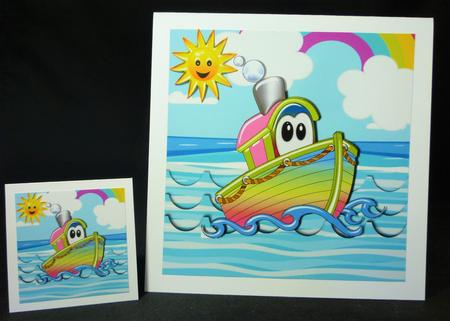 Little Toonie Tugboat Out in the Sea with Rainbow 8x8 by Michelle Chivers