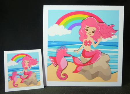 Mermaid with Pink Hair and Seahorse Sitting on a Rock 8x8 by Michelle Chivers