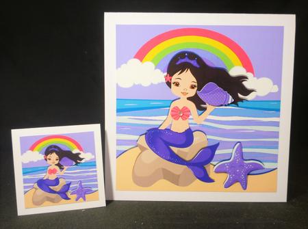 Pretty Mermaid Sitting on a Rock Holding a Purple Shell 8x8 by Michelle Chivers