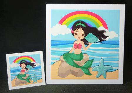 Pretty Mermaid Sitting on a Rock Holding a Shell 8x8 by Michelle Chivers
