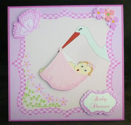 Baby Shower Card with Stork Carrying Baby Decoupage by Michelle Chivers