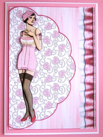 Art Deco Pink Corset Lady Wavey Edge Card Front by Michelle Lancaster