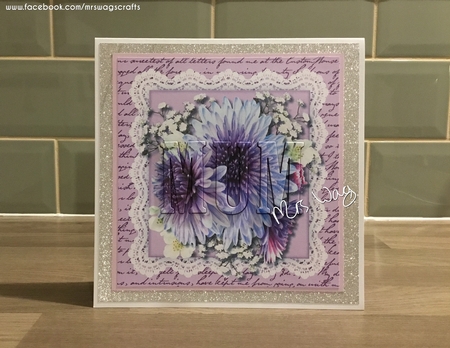 Beautiful Lilac Chrysanthemums on  lace  by MICHELLE WAGSTAFFE
