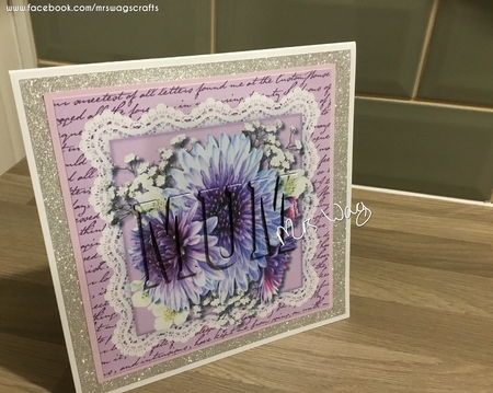 Beautiful Lilac Chrysanthemums on  lace  by MICHELLE WAGSTAFFE