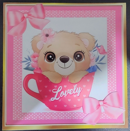 Cute little bear in a teacup with pink bows and polkadot 7x7 frame by Michelle Young