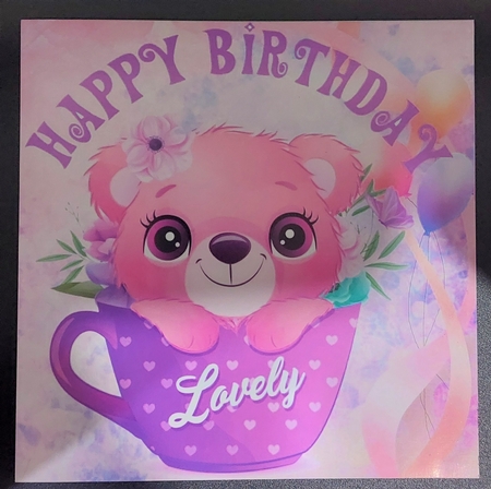 Cute teddy in purple teacup with balloons 8x8 by Michelle Young