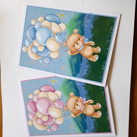 Blue and pink bears with balloons card fronts by Michelle Young