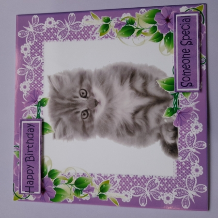 Lilac lace frame with flowers and a kitten 7x7 by Michelle Young