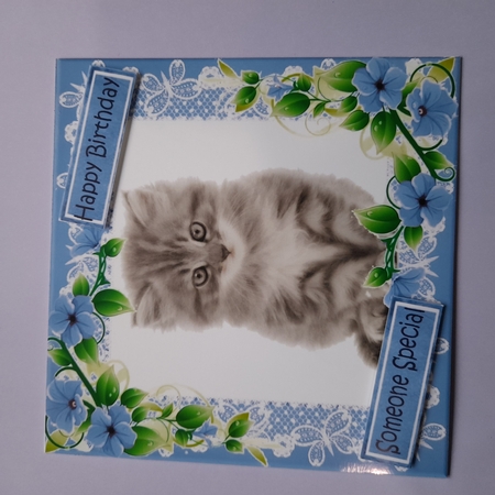 Blue lace frame with flowers and a kitten 7x7 by Michelle Young