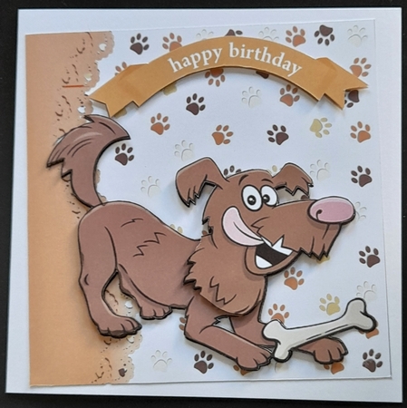 Playful dog with bone 7x7 card front by Michelle Young
