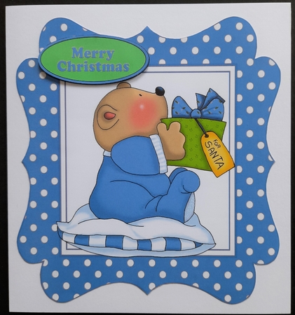 Cute little christmas teddy bear in blue dot 7x7 frame by Michelle Young