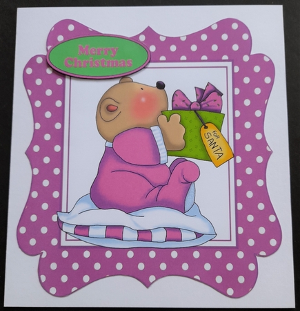 Cute little christmas teddy bear in lilac dot 7x7 frame by Michelle Young