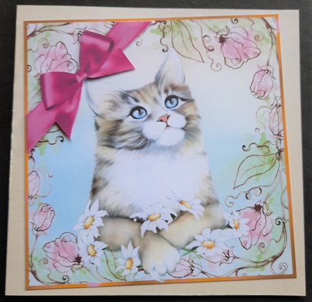 Pink floral 7x7 Card Front, with cute kitten and corner bow by Michelle Young