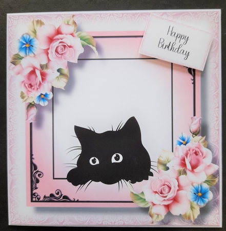 Peeking Cat With Pink Roses 8x8 by Michelle Young