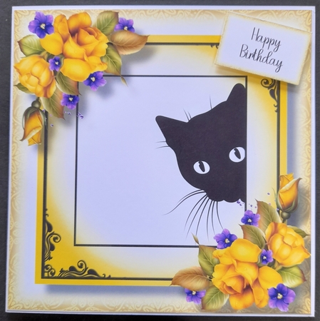 Peeking Cat With Yellow Roses 8x8 by Michelle Young