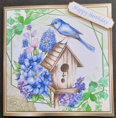 Pretty Birdhouse wih flowers  and leaves 8x8 card front (three) by Michelle Young