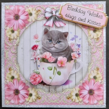 Pretty Kitty 4 - 6X6 inch card front with decoupage by Michelle Young