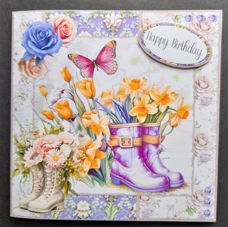 Glorious Spring 6: Pretty Gardening Boots 5 x 5 Quick Cut & Fold Card with Sentiments by Michelle Young