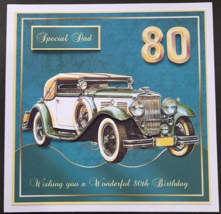 80th Birthday card front with Vintage MG & decoupage. Family tags by Michelle Young