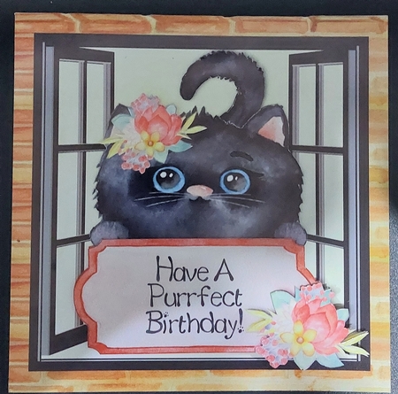 Cute Black Cat Birthday card 7 x 7 mini kit with decoupage elements. insert and tag by Michelle Young