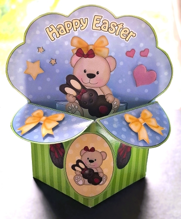 3D Diagonal Rubber Band Pop Up Box Card Kit - Cute Teddy Bear has a Chocolate Easter Bunny by Michelle Young