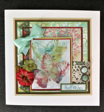 6 x 6 Card Front, Stamped/Watercolour Butterflies with Toppers and Sentiment Toppers Green/Pink by Michelle Mann