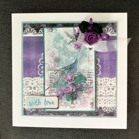 6 x 6 Card Front Vintage Bird Design with Lace, Toppers and Sentiment Toppers Teal/Violet by Michelle Mann