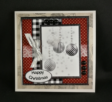 6 x 6 Christmas Card Front Silver/White/Black Baubles with Toppers and Sentiments, Red/Black/White by Michelle Mann