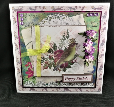 6 x 6 Card Front Crowned Bird/Floral Lace with Toppers and Sentiment Toppers, Green/Lilac by Michelle Mann