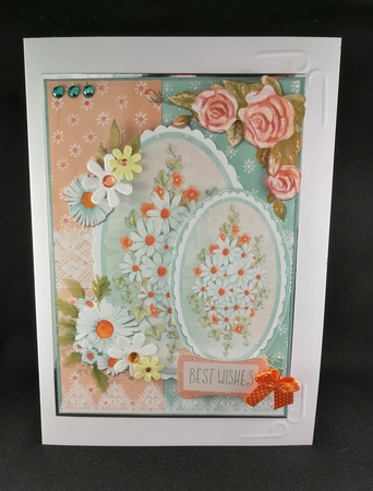A5 Card Front Peach/Aqua Daisies with Mini-Topper/Gift Tag and Sentiment Tags by Michelle Mann