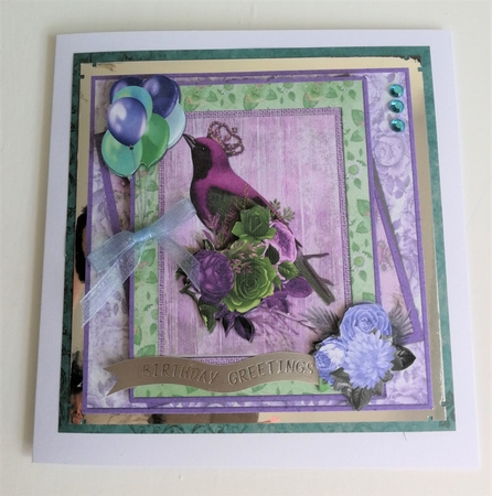 8 x 8 Card Front Violet/Green Vintage Bird/Balloons with Sentiments by Michelle Mann