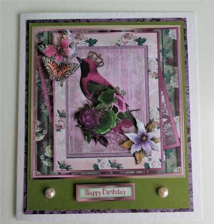 8 x 8 Card Front Vintage Magenta/Green Bird with Sentiments  Lilac/Pink/Green by Michelle Mann