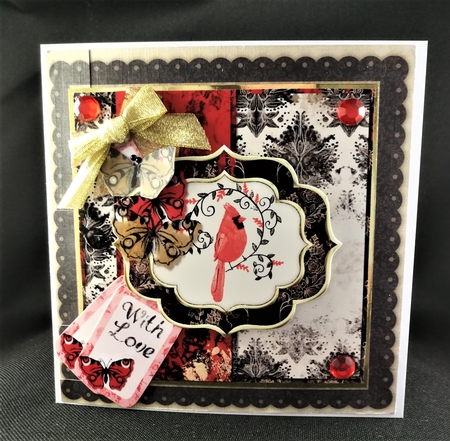 A4 Cardinal Bird 6 x 6 Card Front with Toppers, Tags & Sentiments. Red/Black/Cream/Gold by Michelle Mann