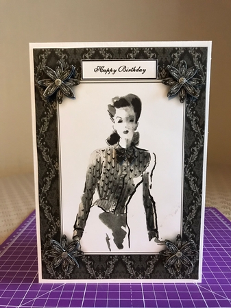 Aged Look Retro Vintage Black & White Ladies A5 Card Front with Decoupage by Michelle Johnson