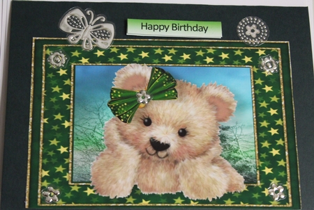 Fuzzy Brown Bear with Green Star Bow A4 by Moira Paterson  (Ornella)