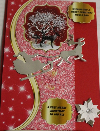 Reindeer on a red glittery DL card front by Moira Paterson  (Ornella)