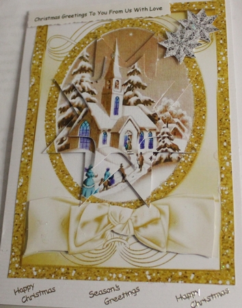 Lovely Christmas scene of a church with gold bow, star pyramids by Moira Paterson  (Ornella)