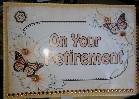 A5 ON YOUR RETIREMENT Butterflies & Flowers Scallop Corners and Pyramage by Moira Paterson  (Ornella)