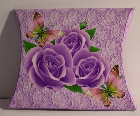 Pretty lilac roses with pink butterflies on lace pillow box by Moira Paterson  (Ornella)
